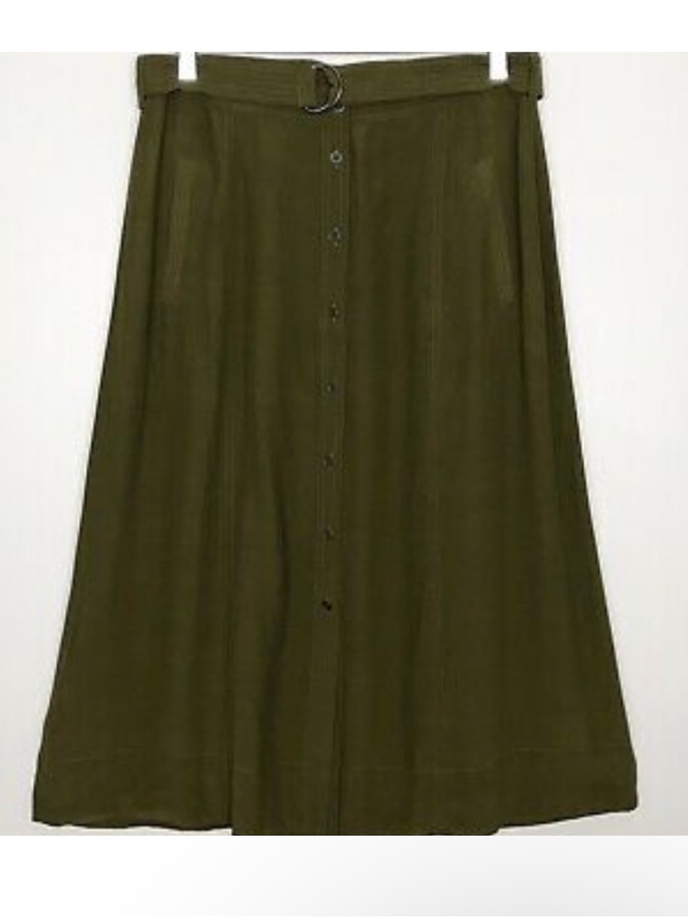 Loft Olive Green Button-Front Midi Skirt with Tie Waist